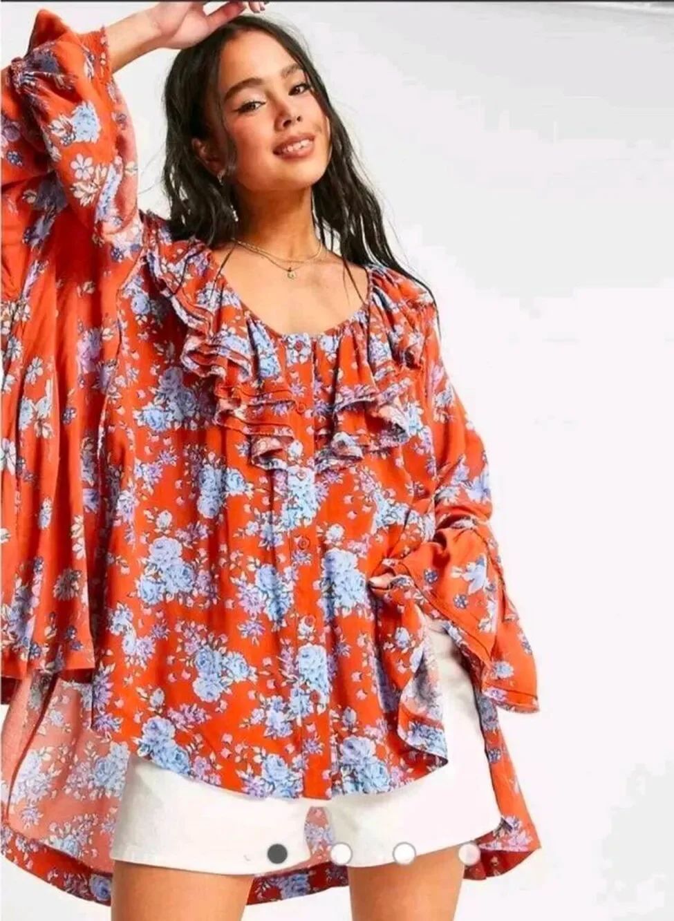Free People Loretta Printed Oversized Floral Tunic Top Medium Boho Cottagecore